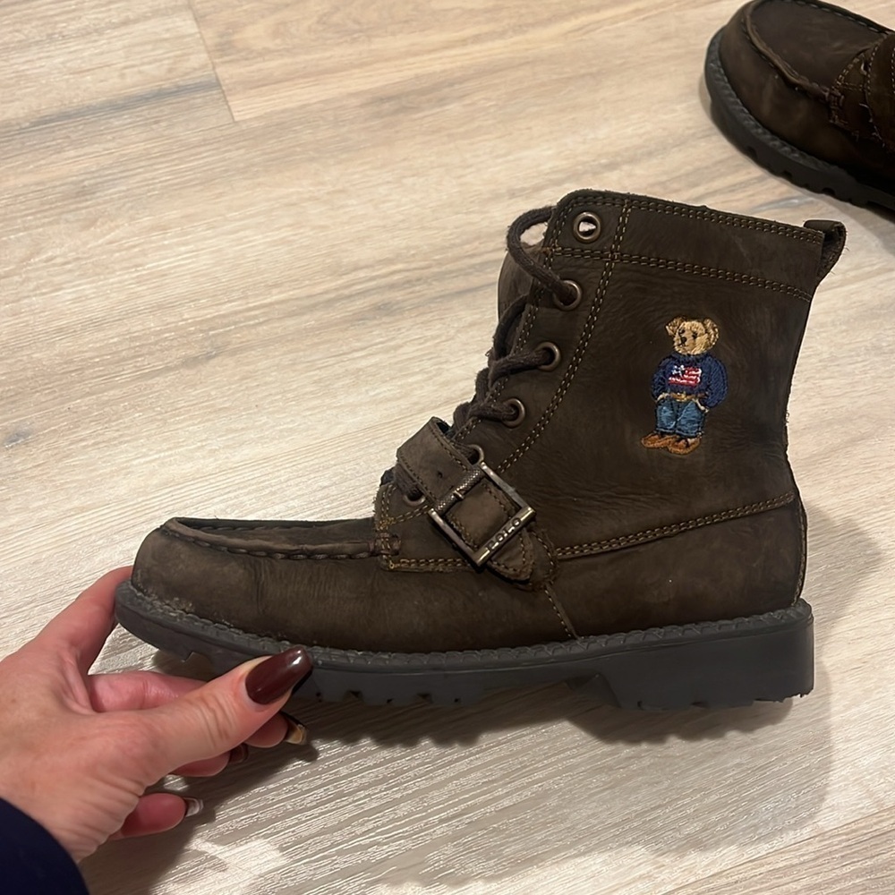 Polo Ralph Lauren Ranger Hi II flag Sweater Bear leather boots boys Youth LEON